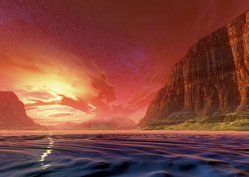 Turbulent sunset, red, cliffs, abstract art, sunset, sea, HD wallpaper