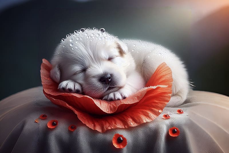 :), poppy, water, dog, drops, flower, white, pictura, sleep, painting, red, cute, mac, caine, puppy, art, HD wallpaper