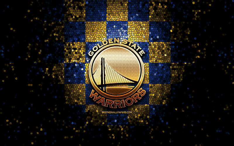 Golden State Warriors, glitter logo, NBA, blue yellow checkered background, USA, american basketball team, Golden State Warriors logo, mosaic art, basketball, America, HD wallpaper