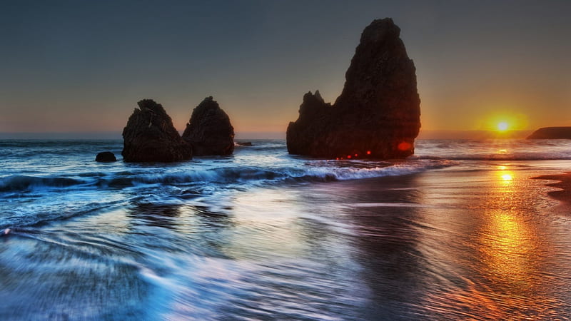 superb sunset over boulders on a beach, beach, rays, boulders, surf, sunset, sea, HD wallpaper