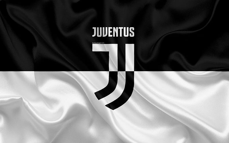 Juventus, Italy, black and white, football club, Serie A, new Juventus emblem, silk flag, HD wallpaper