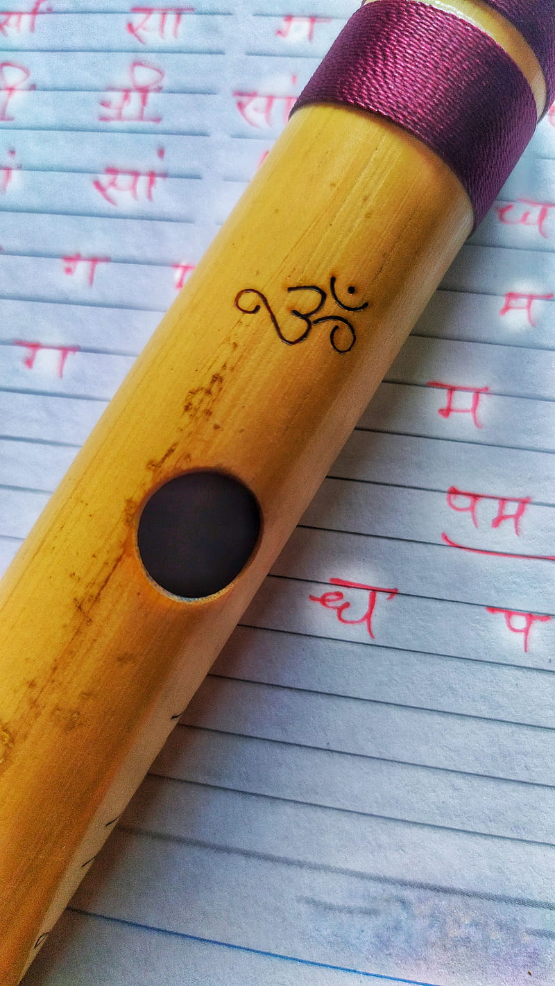 Flute with notation, etheral, janmashtmi, krishna, music, om, punam flute, sound, HD phone wallpaper