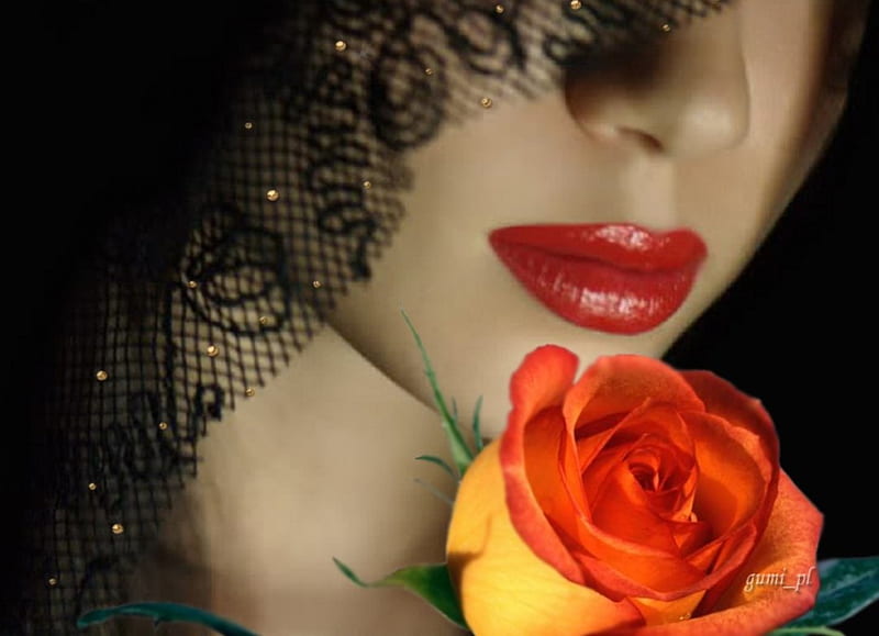 Woman with rose, rose, veil, orange rose, woman, red lips, HD wallpaper