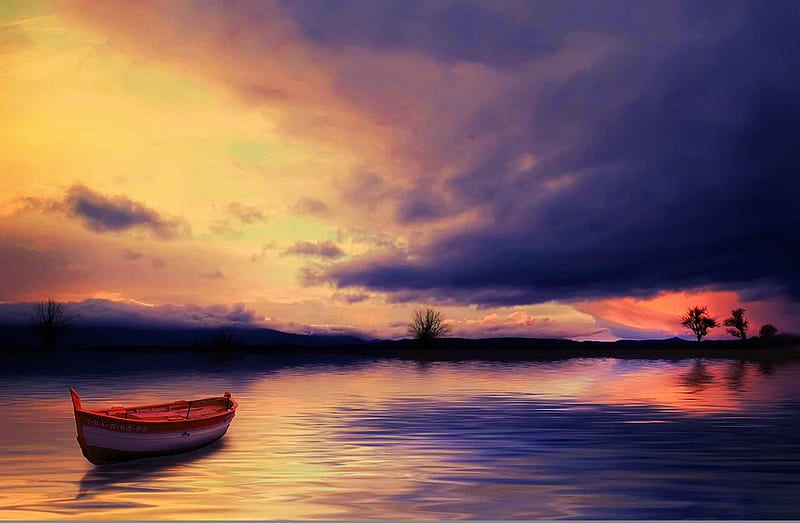 Lonely Boat, water, nature, sunset, clouds, sky, lake, landscape, HD ...