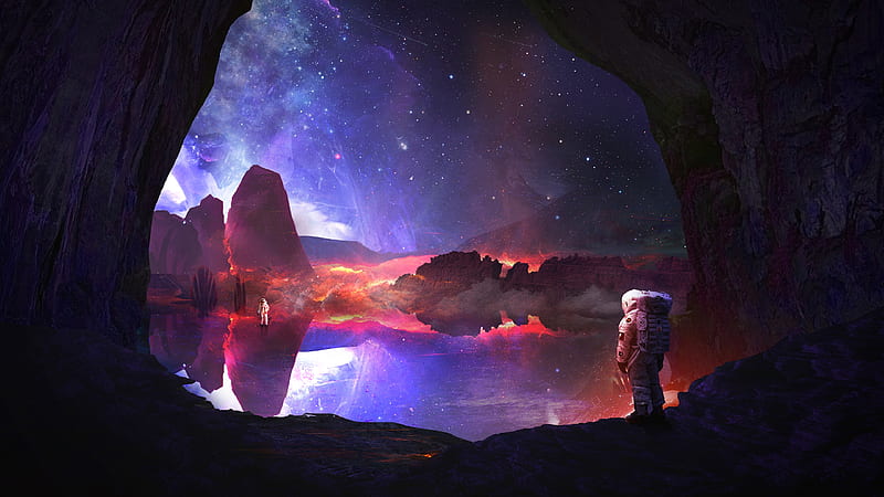 Discovery, Purple, Stars, Sky, Orange, Space, Planet, Cave, Galaxy, Pink, Astronaut, Sci-fi, Colors, Blue, Night, HD wallpaper