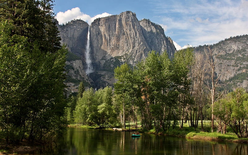 Looking upstream to Yosemite, mountain, water, trees, lake, HD wallpaper