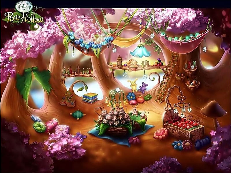 Pixie Hollow, teddybear, fairyland, kaefer, flowers, artwork, disney, HD wallpaper