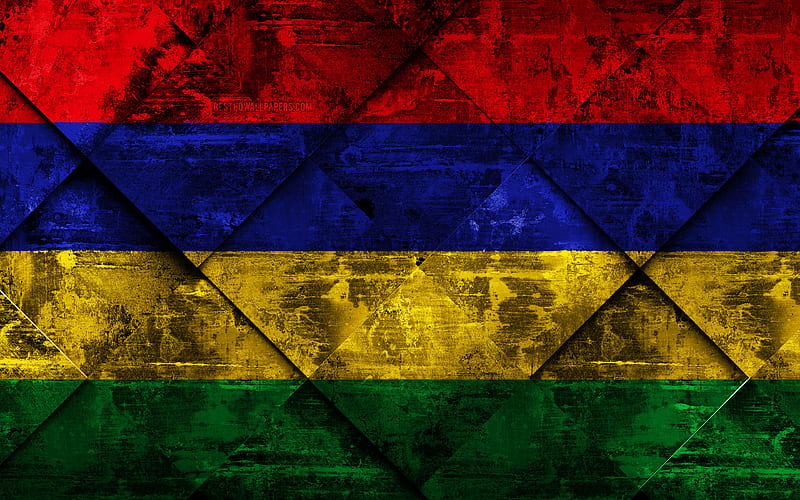 Flag of Mauritius grunge art, rhombus grunge texture, Mauritius flag, Africa, national symbols, Mauritius, creative art, HD wallpaper