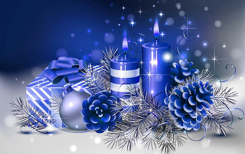 Blue Christmas, cone, pretty, lovely, christmas, holiday, decoration, bonito, new year, mood, candles, winter, nice, flame, balls, snowflakes, blue, HD wallpaper