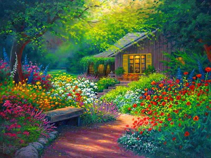 Fairytale cottage, pretty, house, grass, cottage, fairytale, bonito, beauitiful, painting, flowers, dream, art, forest, quiet, calmness, cozy, lovely, greenery, freshness, serenity, paradise, peaceful, summer, HD wallpaper