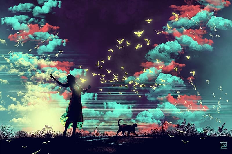 :), blue, nuha notion, art, cat, girl, pisici, fantasy, butterfly, green, luminos, sky, silhouette, cloud, HD wallpaper