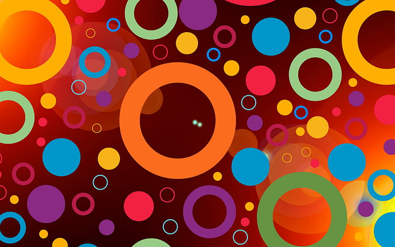 multicolored abstraction, red background, multicolored circles, rings, HD wallpaper