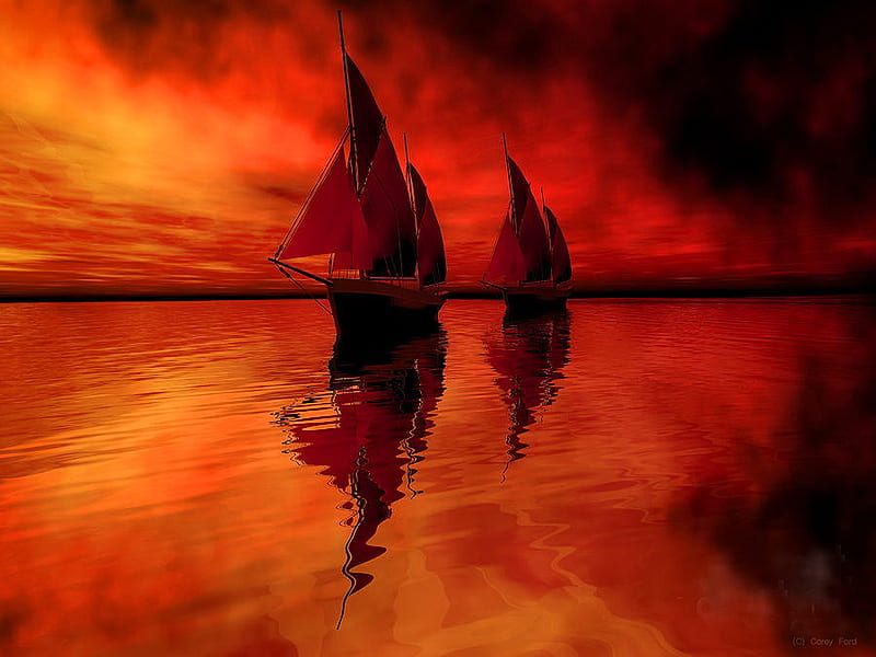 Red sky at night, red, ocean, sea, boats, two, nature, reflection, sailboats, light, night, HD wallpaper