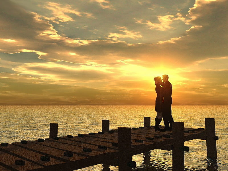 Love, mole, ocean, pier, sunset, clouds, sky, kiss, HD wallpaper