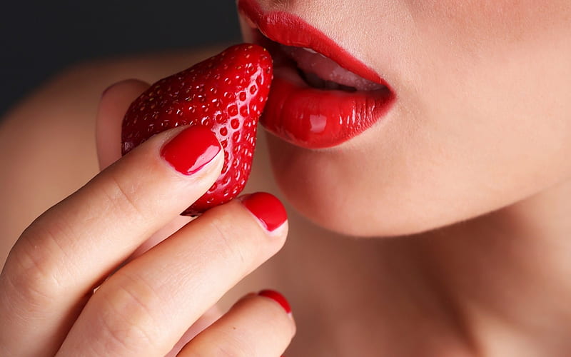 Strawberry red, red, mouth, strawberry, woman, lips, lipstick, fruit, girl, face, HD wallpaper