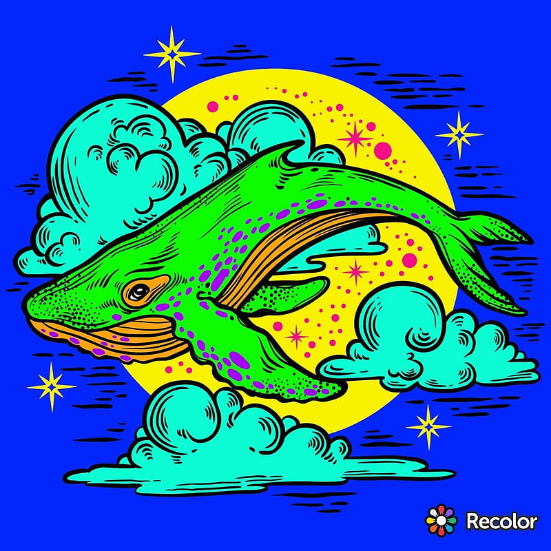 Sky whale, sky, whale, colorful, clouds, stars, animal, cute, art, HD phone wallpaper