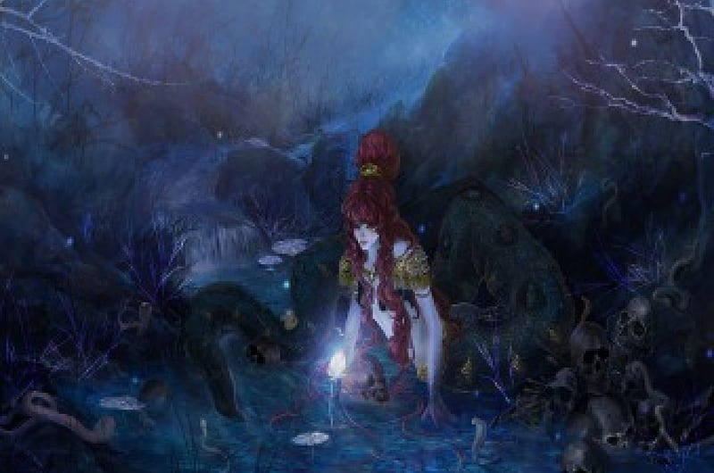 Medusa, water, fantasy, magic flower, snakes, HD wallpaper
