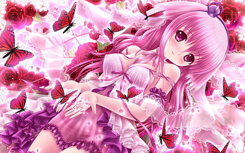 Girl_and_butterflies, anime, girls, butterflies, pink, other, HD wallpaper