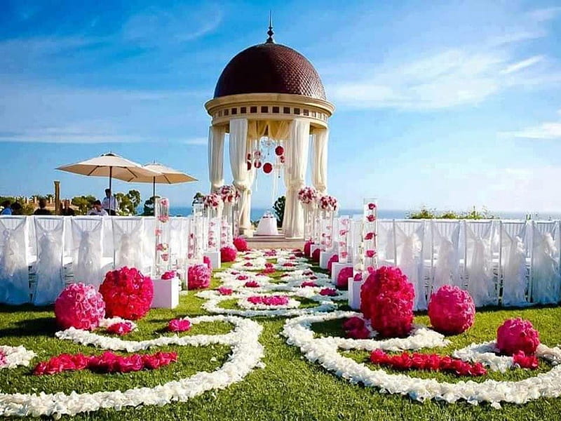 Beautiful gazebo view, service, view, waiter, beautiful colors, sea, restaurant, people, flowers, parasol, gazebo, white, pink, HD wallpaper