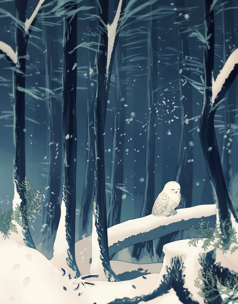 forest, owl, art, snow, winter, HD phone wallpaper