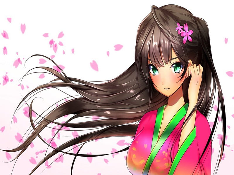 Kimono Girl, Anime, Sakura Petals, Sweet, Brown Hair, Blush, Cute, Green Eyes, Girl, Long Hair, Original, mataro, HD wallpaper