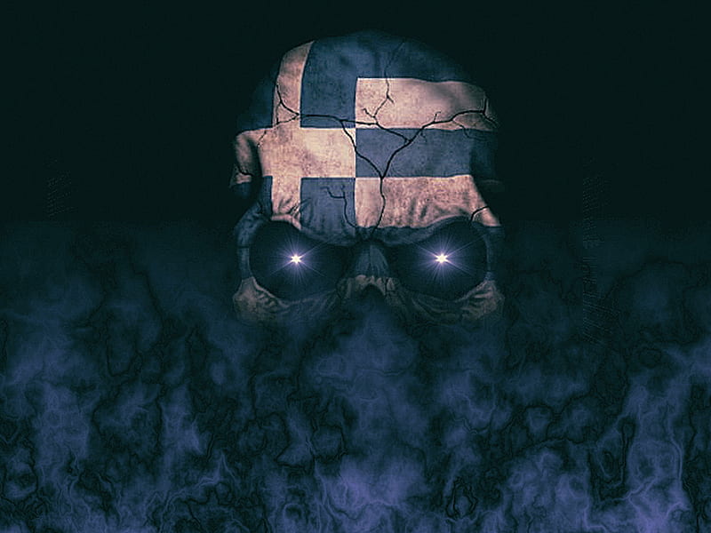 Greek madness, flag, greeks, greece, hellas, skull, white, blue, HD wallpaper