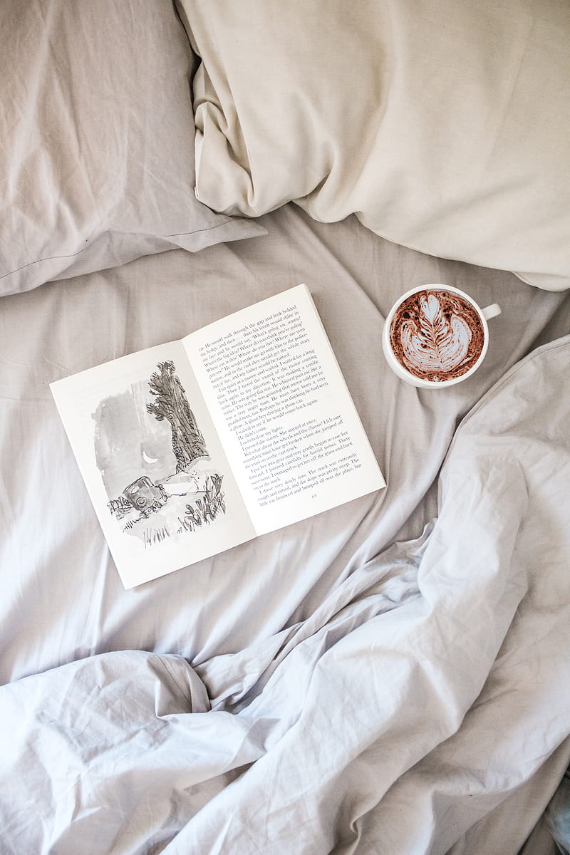 book, cup, coffee, bed, comfort, HD phone wallpaper