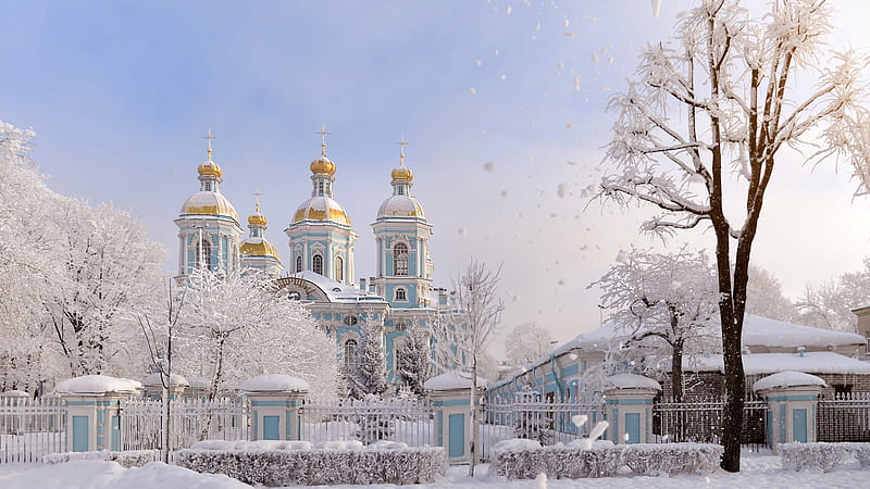 Snow Covered Church With Fence In Russia Saint Petersburg During Winter Travel, HD wallpaper
