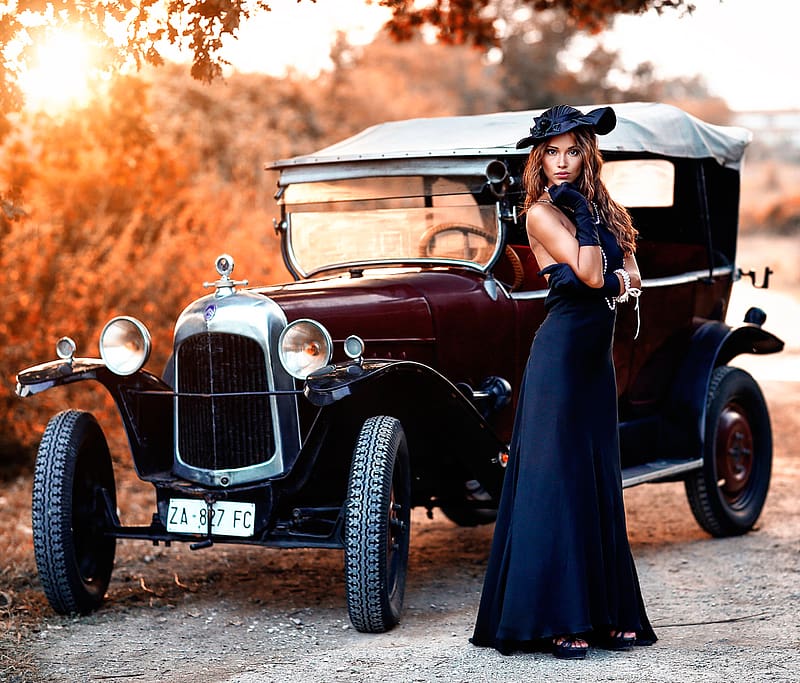 Hat, Brunette, Model, Women, Vintage Car, Girls & Cars, Blue Dress, HD wallpaper