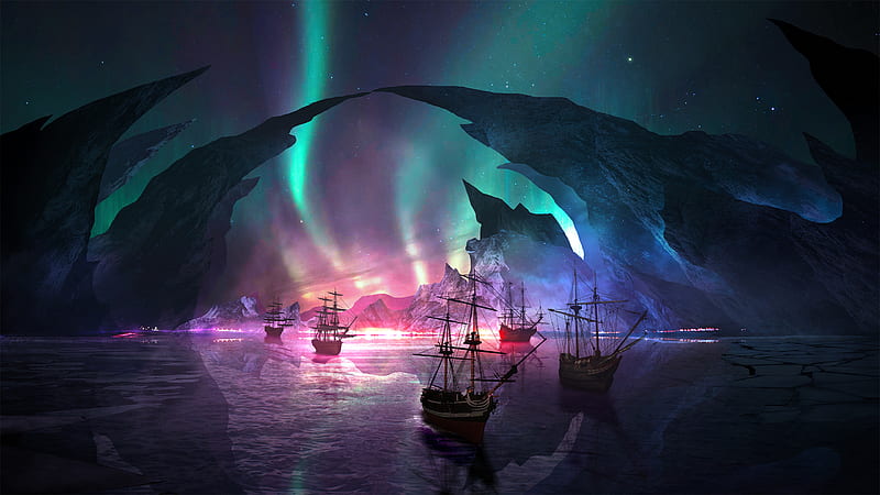 Artistic, Sailing Ship, Aurora Borealis, Ship, HD wallpaper