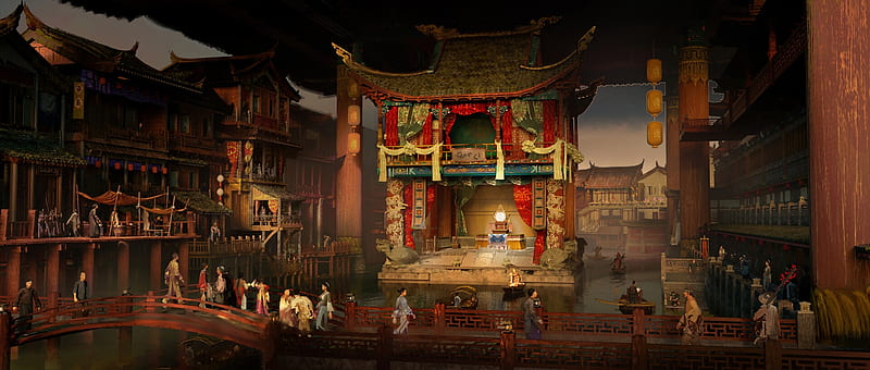 The Theatre, world, chong cai, red, fantasy, luminos, people, asian, theatre, HD wallpaper
