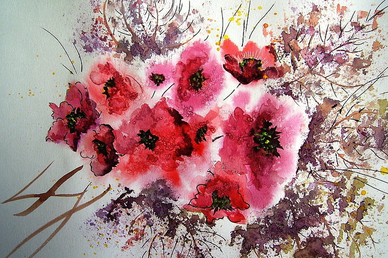 Poppies, red, poppy, art, luminos, black, painting, flower, pictura,  watercolor, HD wallpaper | Peakpx