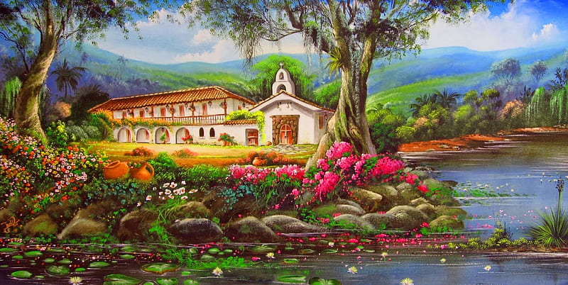 Chapel, cottage, bonito, countryside, mountain, calm, painting, village, flowers, river, rural, art, creek, church, serenity, peaceful, summer, nature, landscape, HD wallpaper