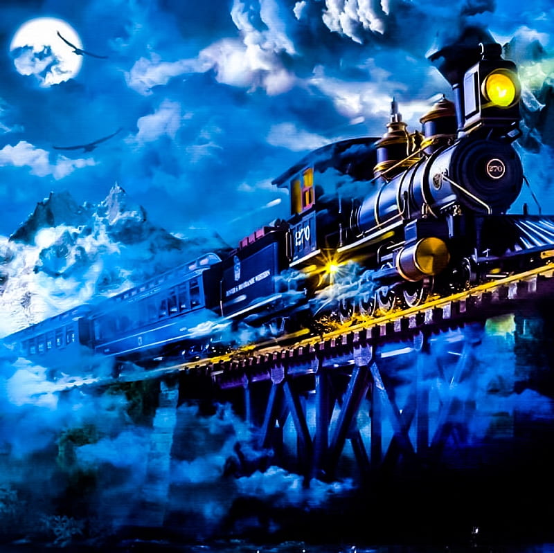 Midnight train, Train, antics train, bridge, Mountain, nature, fog, blue,  HD wallpaper | Peakpx