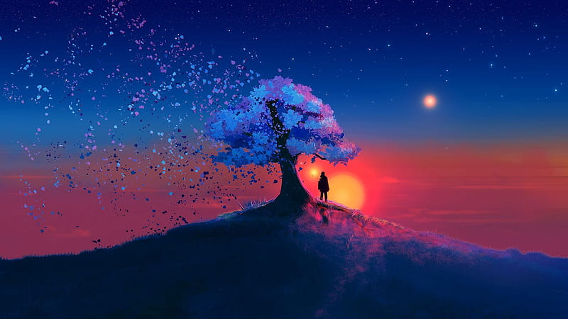 Artistic, Tree, Boy, Hill, Silhouette, Sun, Sunset, HD wallpaper