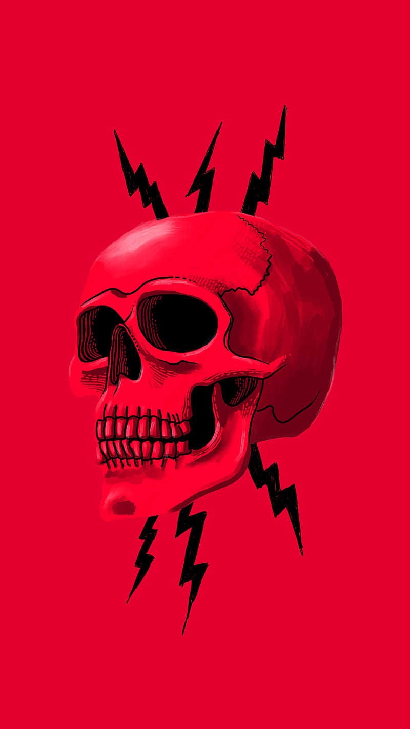 Thunder Skull, My, art, black, bones, colorful, dead, death, digital, drawing, lightning, occult, red, strong, vibrant, HD phone wallpaper