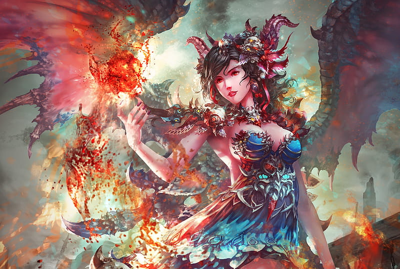 Death priestess, wings, orange, horns, demon, fantasy, girl, antilous, blue, HD wallpaper