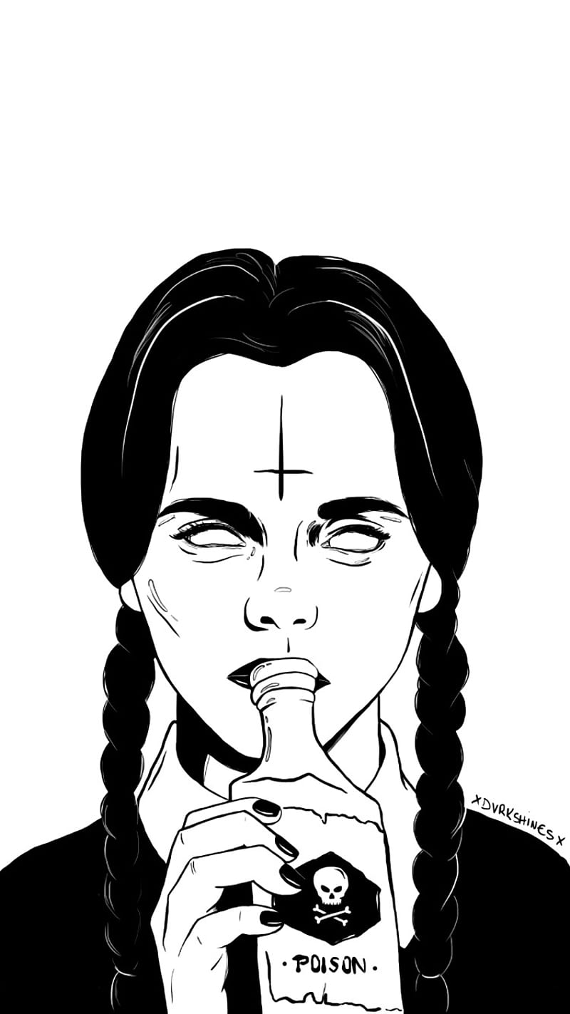 Wednesday Addams, black, drawings, halloween, holiday, posion, the addams family, white, HD phone wallpaper
