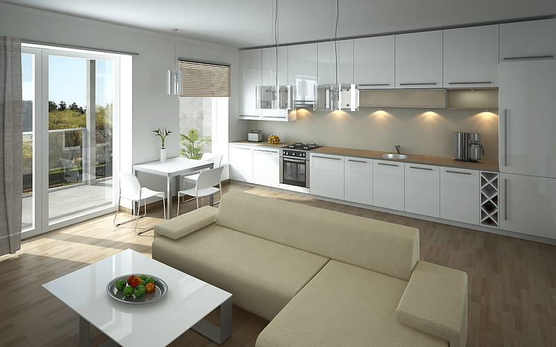 kitchen living room, combined facilities, modern stylish design, bright interiors, minimal, modern interior design, HD wallpaper