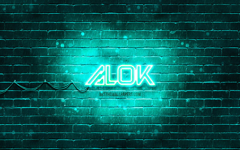 Alok turquoise logo superstars, brazilian DJs, turquoise brickwall, Alok new logo, Alok Achkar Peres Petrillo, Alok, music stars, Alok neon logo, Alok logo, HD wallpaper