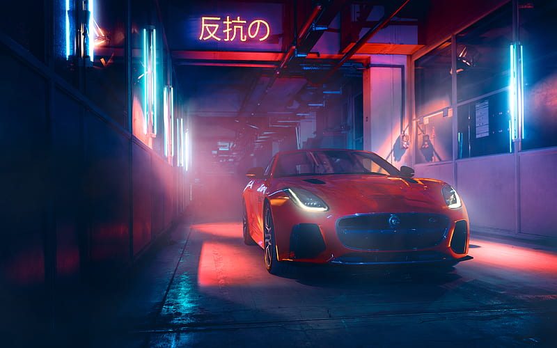 Jaguar F-Type, street, 2018 cars, japan, night, red F-Type, headlights, supercars, Jaguar, HD wallpaper