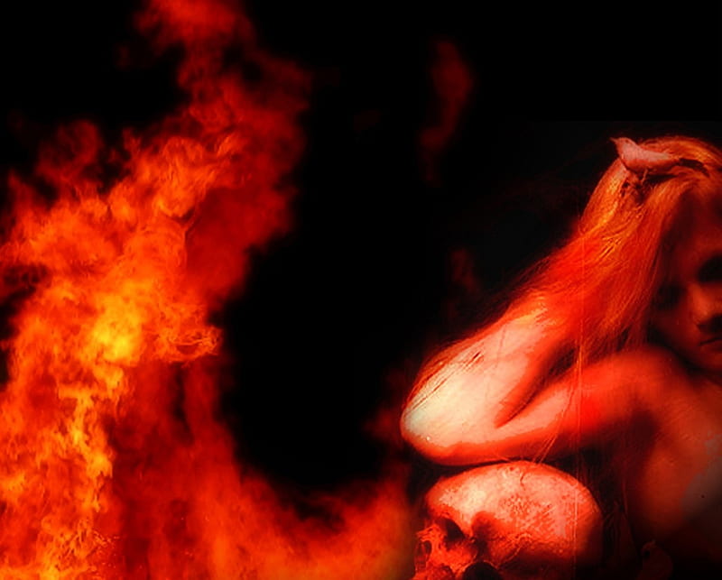 Consumed, fire, red, skulls, woman, HD wallpaper