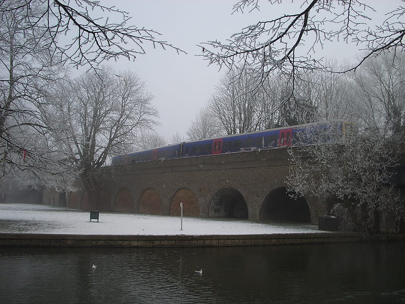 Thames River, Windsor, England, ice, train, snow, HD wallpaper