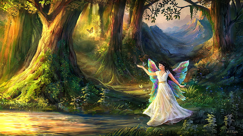 Fairy, art, johannes roots, forest, fantasy, wings, luminos, girl, HD wallpaper