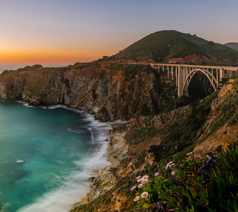 California, america, bridge, ocean, sea, sunrise, sunset, usa, HD wallpaper