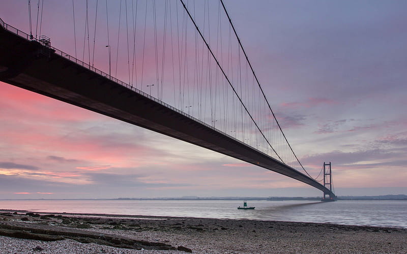 superb hanging bridge at sundown, sundown, shore, narrows, bridge, clouds, HD wallpaper