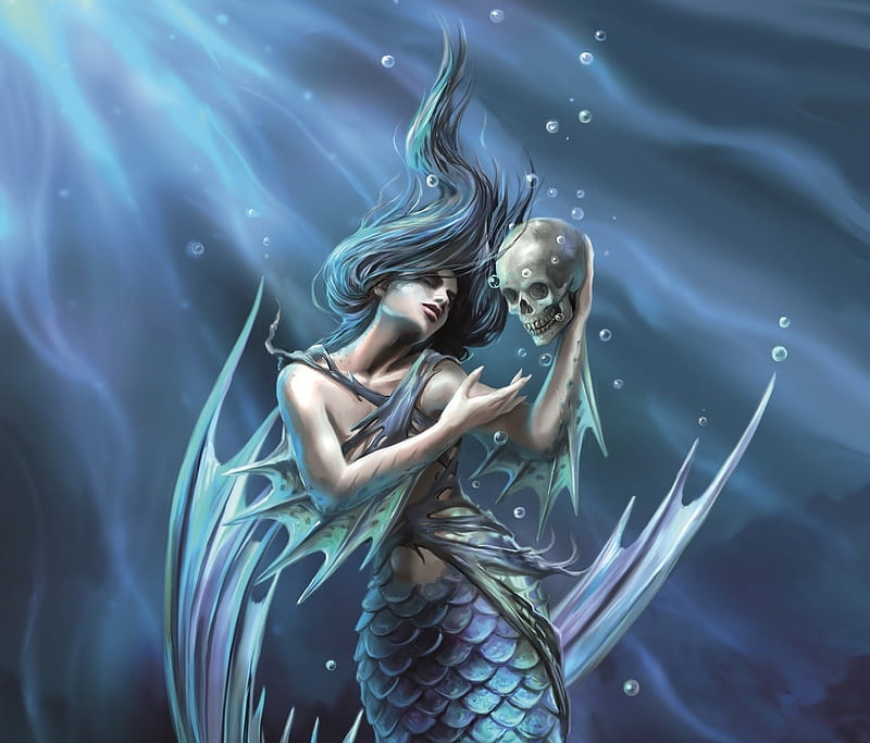 Mermaid, art, underwater, fantasy, nene thomas, siren, skull, blue, luminos, HD wallpaper