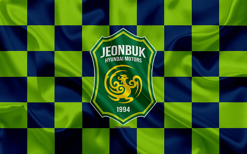 Jeonbuk Hyundai Motors FC logo, creative art, blue green checkered flag, South Korean football club, K League 1, silk texture, Jeonju, South Korea, football, HD wallpaper