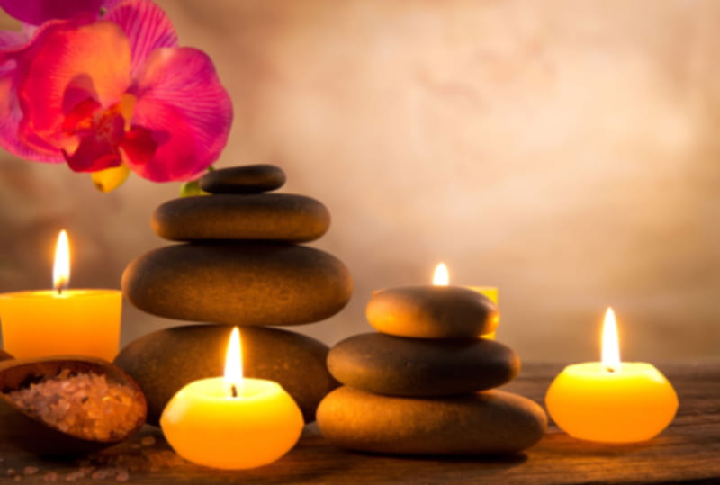 Soothing Times, candle, stones, relax, flowers, soothing, HD wallpaper