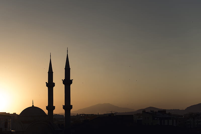 two mosque minarets under calm sky, HD wallpaper